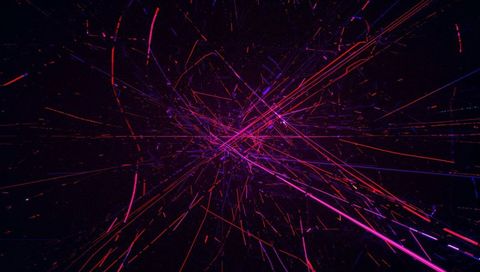 Neon particles bursting and radiating in cyberpunk void with magenta and red-violet trails