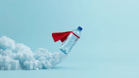 Water Bottle with Red Cape Soaring Through Blue Sky