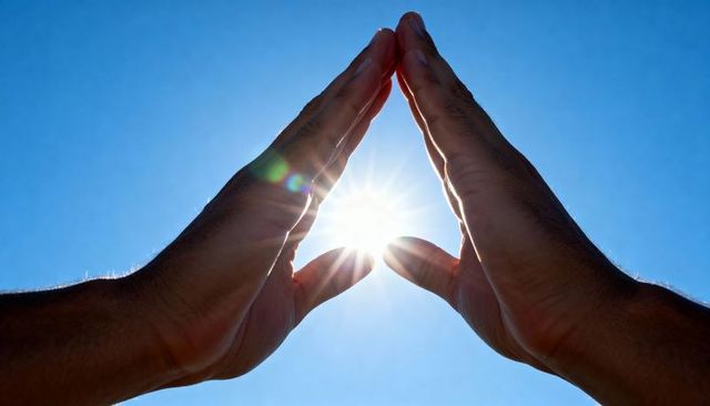 Hands forming triangle around sun creating radiant sunbeams and lens flare against blue sky