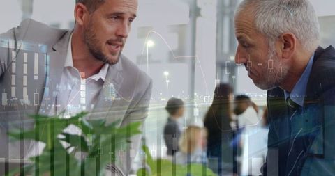 Double Exposure of Business Meeting with Financial Data Overlay