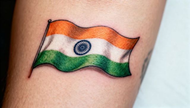 Waving indian flag tattoo on forearm with ashoka chakra realistic color ink