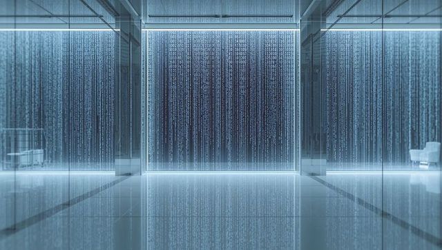 Futuristic glass lobby streaming binary code, illuminated panels, glossy floor reflection