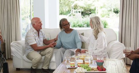 Seniors Enjoying Conversation and Snacks in Cozy Living Room Setting