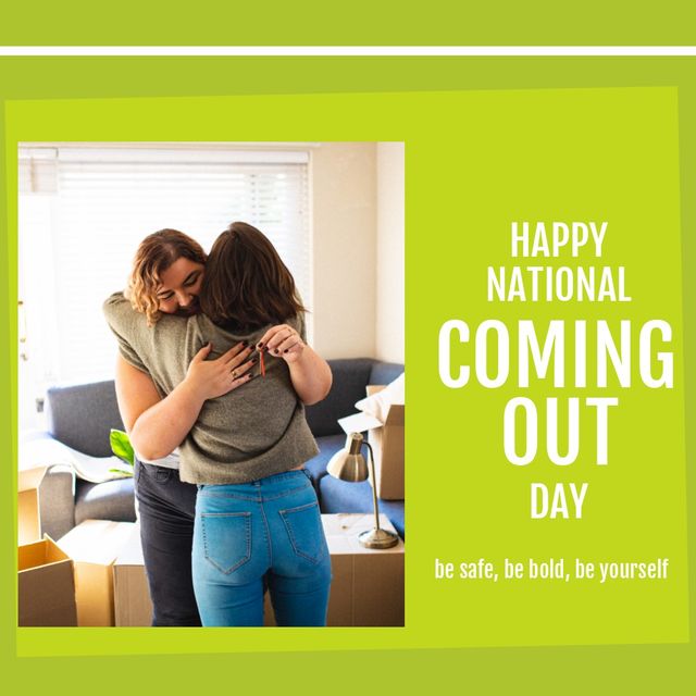 Caucasian lesbians embracing with happy national coming out day text in green frame, copy space. Digital composite, lgbt awareness day, support, queer community, celebrate coming out, civil rights.