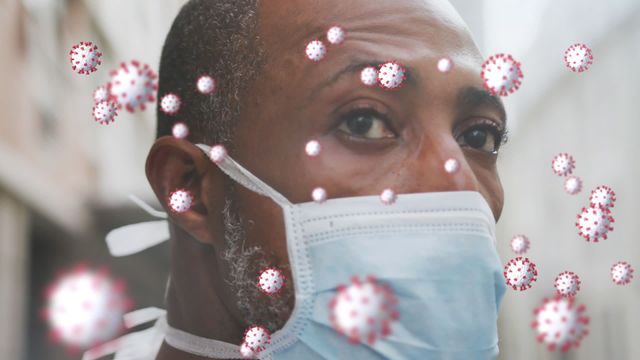 This video depicts a man wearing a face mask while walking in the city, surrounded by representations of the COVID-19 virus. It can be used to communicate the ongoing global impact of the pandemic, public health precautions, and the importance of wearing masks to protect against virus spread and air pollution. Suitable for health and safety campaigns, educational materials, and news articles related to COVID-19 and public health measures.