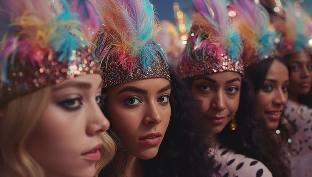 Colorful performers in glittering costume show attire