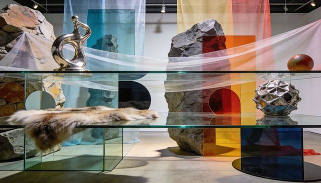 Glass shelving and colored acrylic panels with rock forms, fur pelt and chrome sculpture