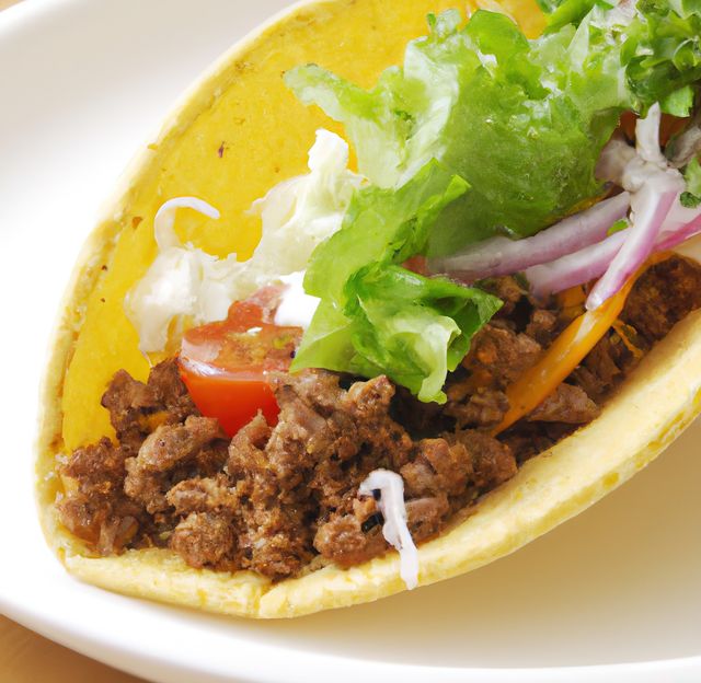 Freshly prepared taco with ground beef, lettuce, tomato, cheese, and red onion on a corn tortilla. Could be used for food blogs, restaurant menus, social media promotions, or culinary articles highlighting Mexican and Tex-Mex cuisine.