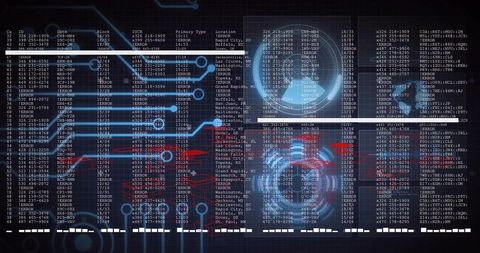 Futuristic HUD dashboard displaying monospaced code overlays with neon circuit diagnostics