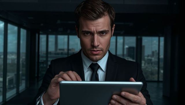 Businessman holding tablet in highrise office studying screen with moody city skyline