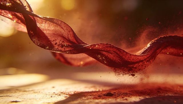 Floating crimson silk ribbon shedding powdered pigment in warm golden backlight macro