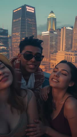 Friends Posing on Rooftop at Dusk Tapping Smartphone Timer for Vertical Video
