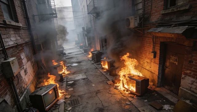 Burning vintage televisions lining smoky urban alleyway with flames, thick smoke and debris