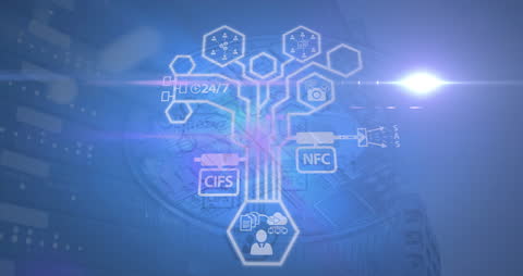 Technology Network Icons with Bitcoin and Light Effects