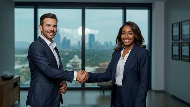 Two professionals shaking hands in modern office
