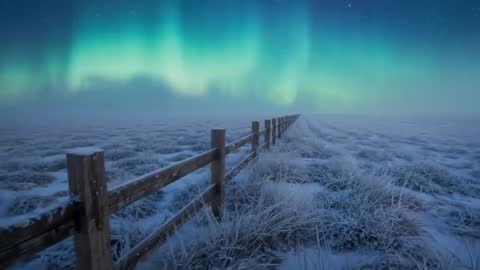 Dolly Moving Along Frosted Fence Across Misty Plain Under Dancing Aurora Borealis