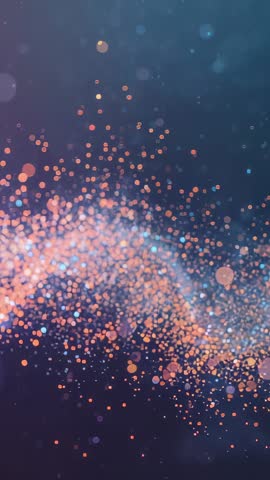 Vertical glowing particle ribbon animating into soft bokeh orbs on teal purple gradient