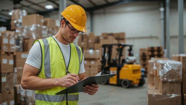 Warehouse Worker Managing Inventory with Clipboard and Forklift