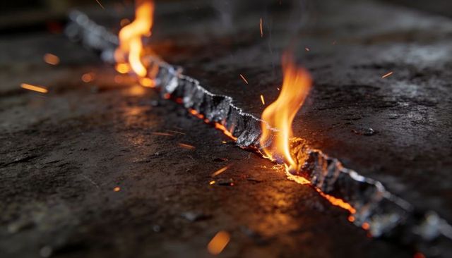 Molten seam running across industrial steel plate with glowing embers, sparks and flames