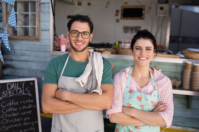 Waiter and waitress standing with arms crossed in front of an outdoor cafe or food truck. They are both smiling and wearing aprons, indicating a friendly and welcoming atmosphere. A chalkboard with daily specials is visible in the background. This image can be used for promoting small businesses, hospitality services, teamwork, and customer service.