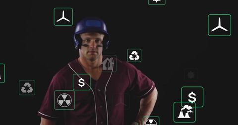 Baseball Player with Digital Eco Icons Illustrating Sustainability