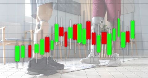Standing Men with Prosthetic Leg Showing Candlestick Trading Chart and Home Interior