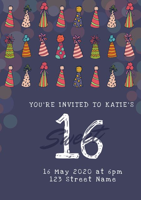 This vibrant sweet sixteen invitation is perfect for teen birthday celebrations. Featuring colorful party hats and bold typography, it adds a light-hearted and festive feel to any event. The ample space for personal details makes it easy to customize for specific events. Ideal for use in digital invitations and printables.