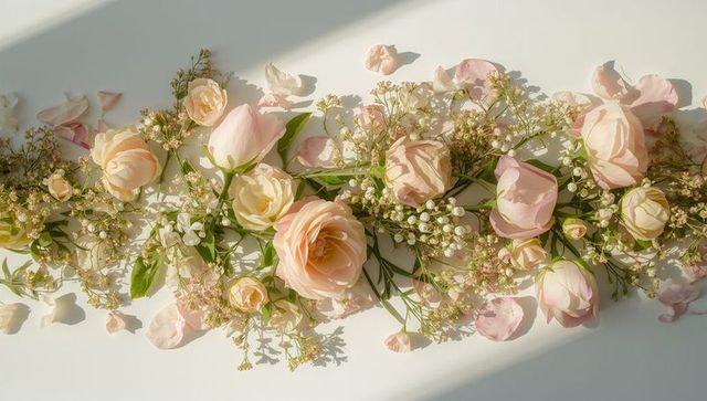 Peach and blush rose ranunculus garland bathing in soft diagonal sunlight