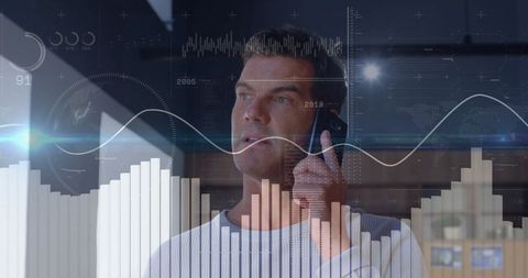 Caucasian Man Analyzing Data on Smartphone, Digital Interface Overlays