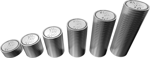 Increasing row of bitcoin coins on transparent background with digital graphics