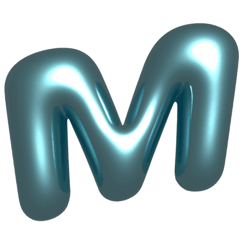Transparent floating teal chrome inflated letter m, glossy metallic 3d monogram on transparent layer
