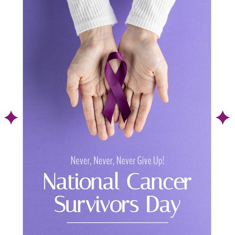 Hands holding purple ribbon for cancer survivors day celebration