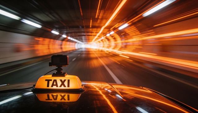 Racing taxi through neon tunnel with rooftop camera and reflective light trails