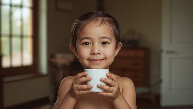 Smiling child holding white cup in sunlit bedroom morning routine, cozy family moment