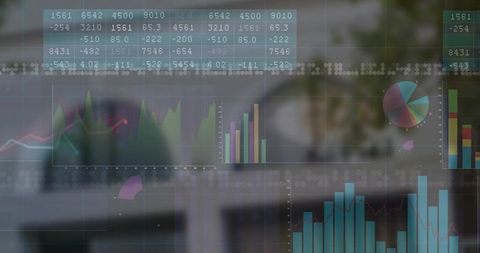 Transparent financial charts overlaying modern office environment