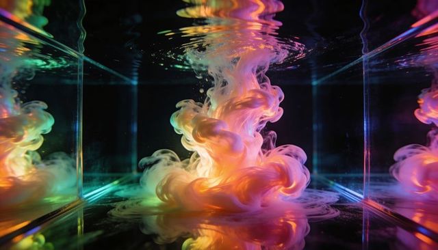 Multicolor ink swirling inside glass tank with reflective base, abstract liquid motion