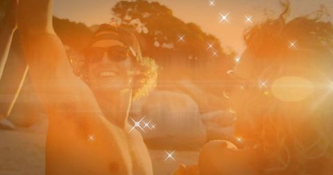 Sunlit Beach Fun with Friends and Sparkling Effects