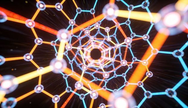 Neon hexagonal tunnel network emitting cyan and orange light for futuristic tech visual