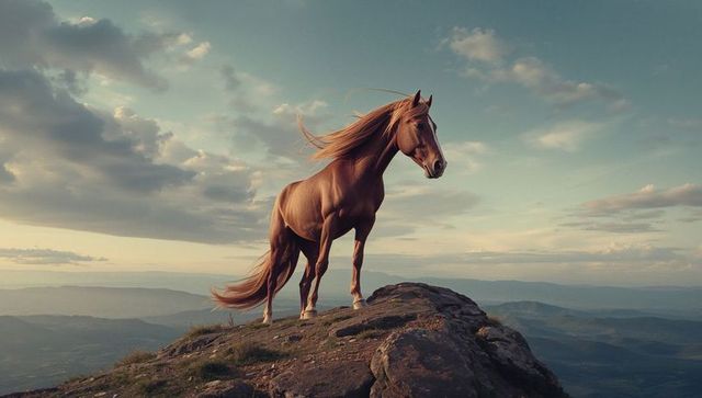 Majestic Chestnut Horse Standing on Rocky Mountain on Cloudy Sunset