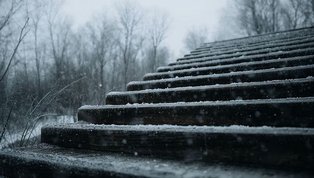 Snow-dusted weathered wooden stairs leading up through misty winter forest path