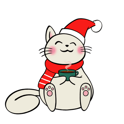 Festive cat with santa hat enjoying thermal drink transparent illustration