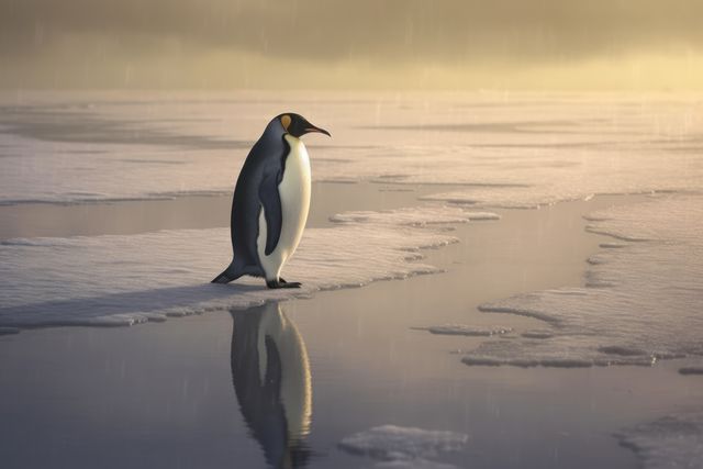 Emperor penguin standing on icy snowy surface and water, created using generative ai technology - Download Free Stock Photos Pikwizard.com