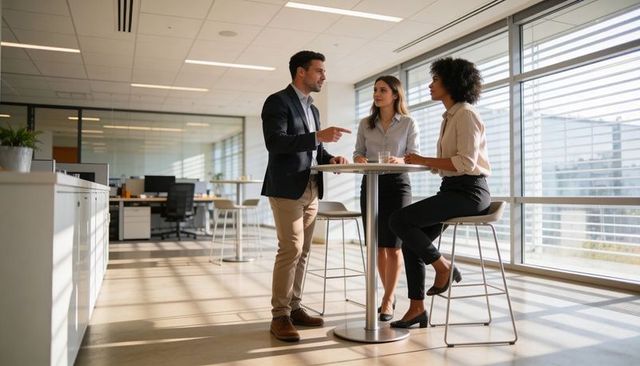 Business leader guiding collaborative discussion with diverse team in modern office