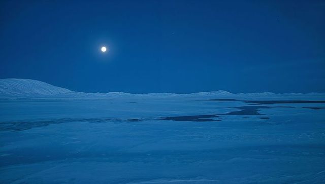 Moonlit Arctic Icefield with Reflective Open Water Patches under Deep Blue Night Sky
