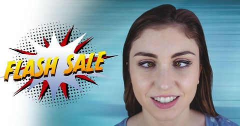 Smiling Woman Advertising Flash Sale with Comic Style Graphics
