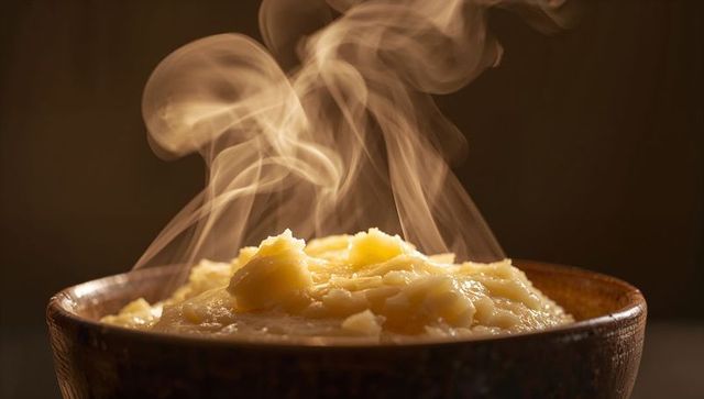 Steaming creamy mashed potatoes with melting butter in rustic wooden bowl, cozy comfort