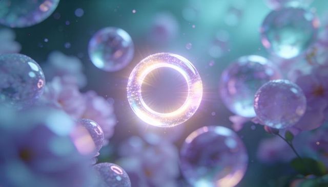 Ethereal glowing ring floating among pastel bubbles and blossoms, luminous halo orb