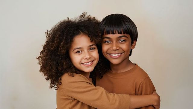 Smiling school friends embracing in warm brown tones conveying friendship and connection