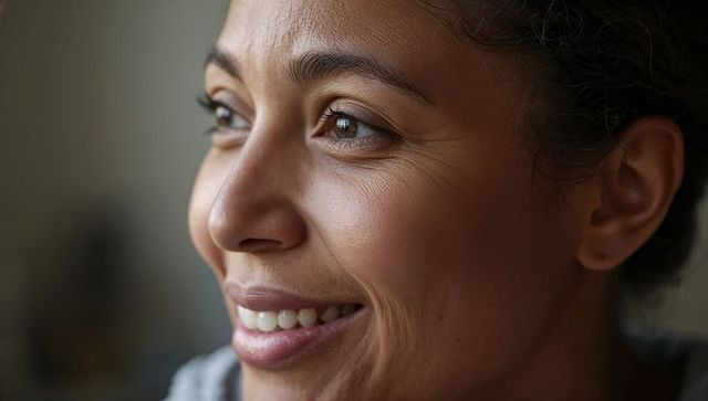 Smiling woman looking left in soft natural light, closeup portrait with glowing skin