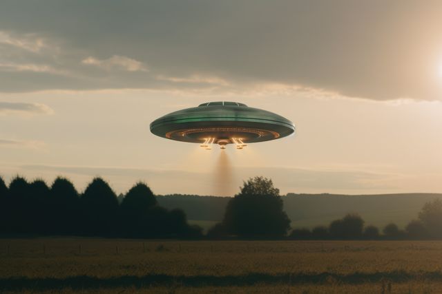 UFO hovering over a rural field at sunset with trees and field in the background. Ideal for use in sci-fi and extraterrestrial themed media, illustrating concepts of alien encounters or futuristic technology.
